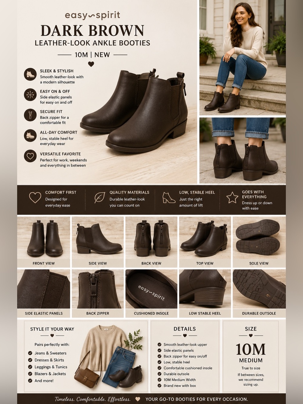 Easy Spirit Dark Brown Leather-Look Ankle Booties 10M NEW